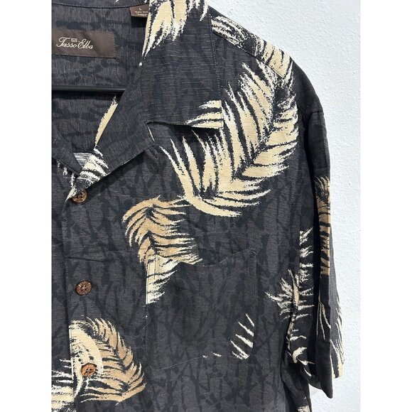 Tasso Elba Silk Button Front Hawaiian Shirt Black Beige Sz Large Feather Print - Picture 4 of 10
